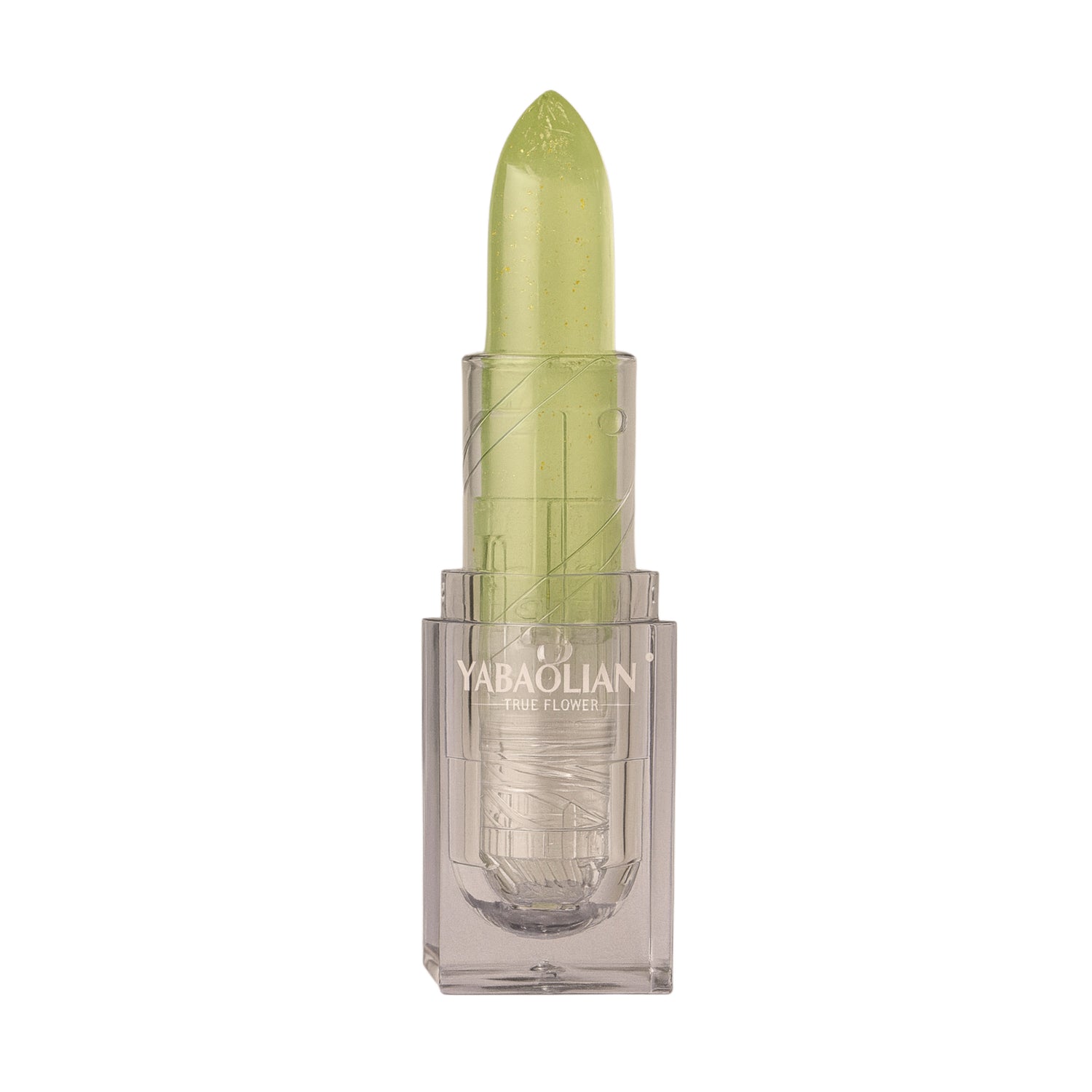 Yabaolian True Flower green jelly lipstick in transparent case on white background, import cosmetice