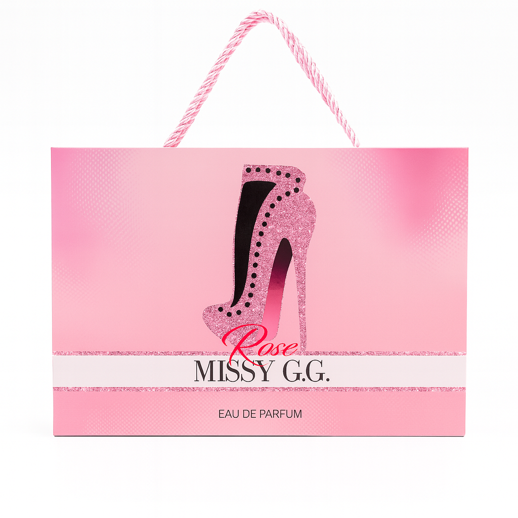 Missy G.G. Rose Eau de Parfum pink gift bag with glitter high heel design, import cosmetice