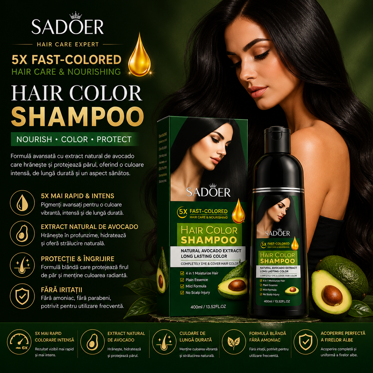 Sadoer – Șampon nuanțator Negru cu extract de avocado 400 ml SD71730