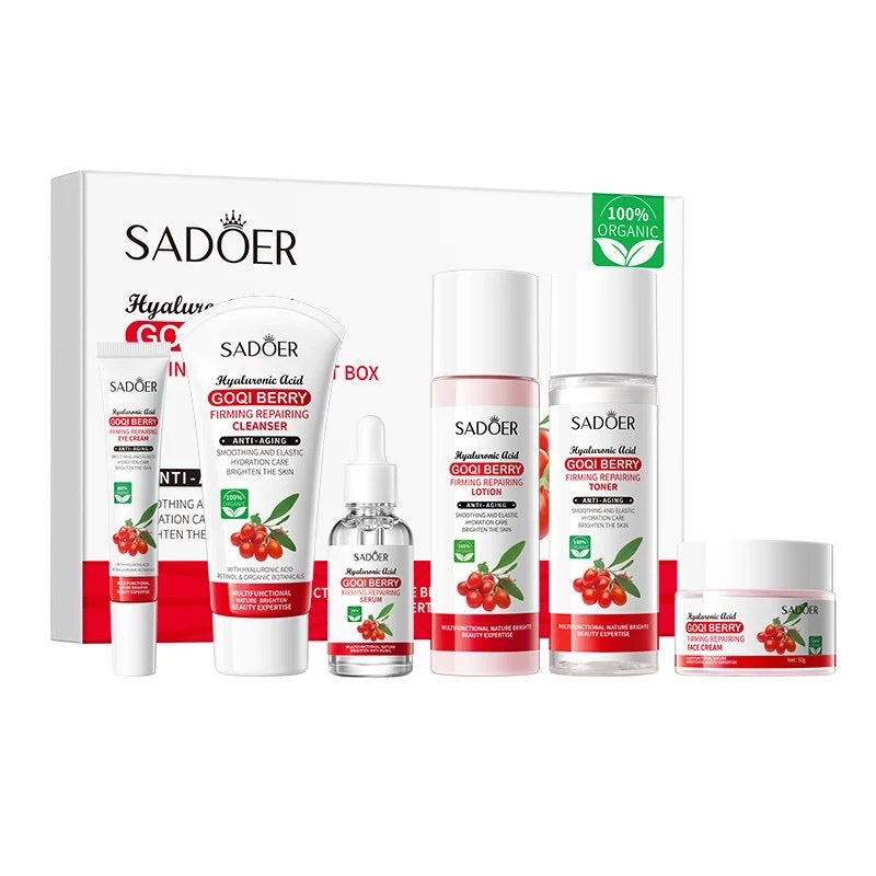 SADOER Goji Berry skincare set with cleanser, toner, serum, lotion, and face cream, organic cosmetics