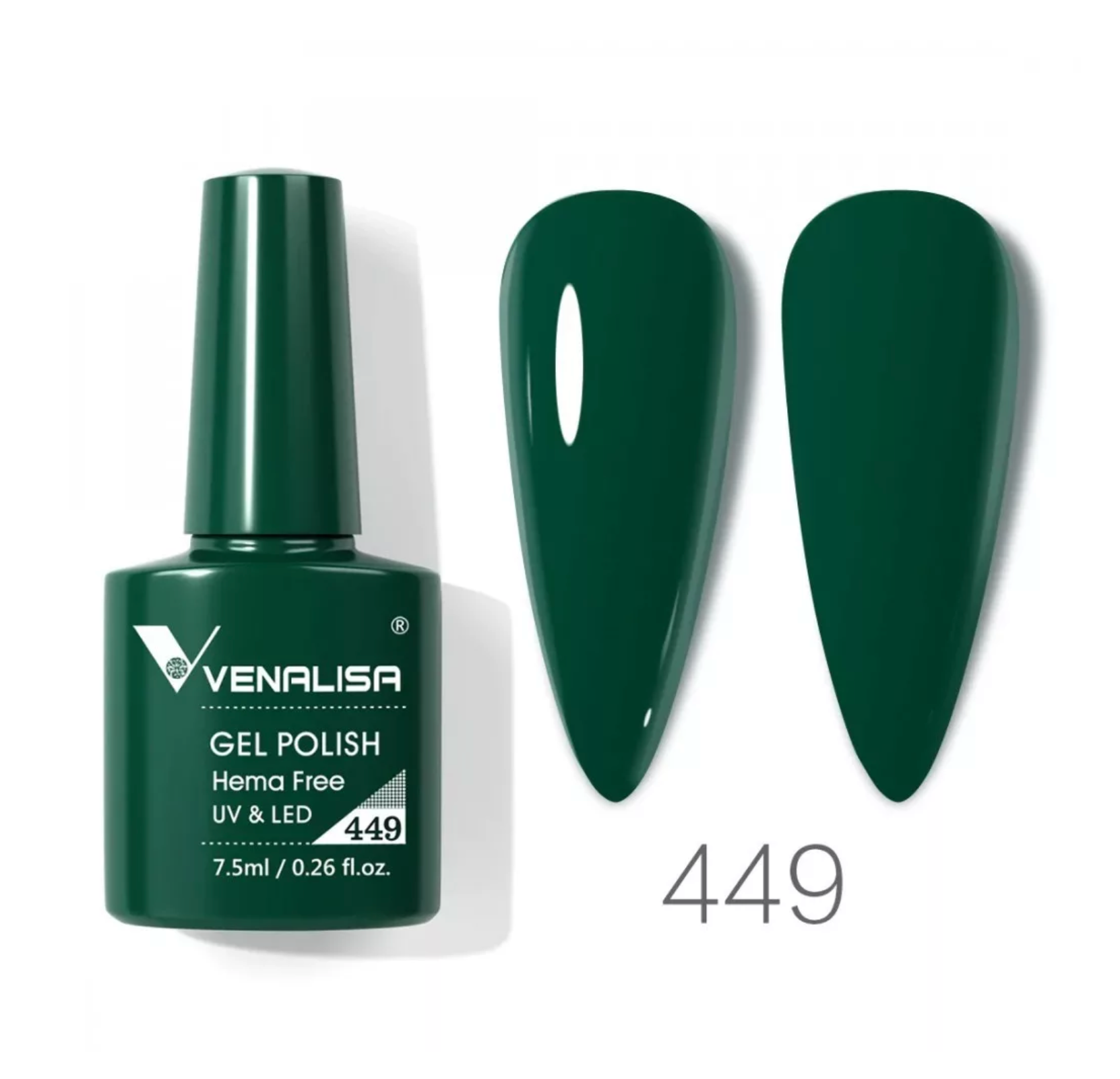 Venalisa dark green gel polish 449 with sample swatches, import cosmetice