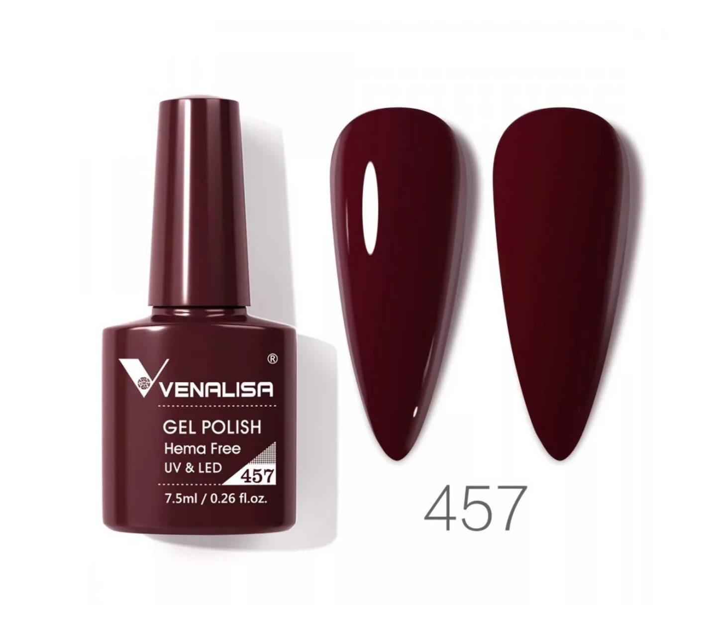 Venalisa gel polish bottle shade 457 with two burgundy nail samples on white background