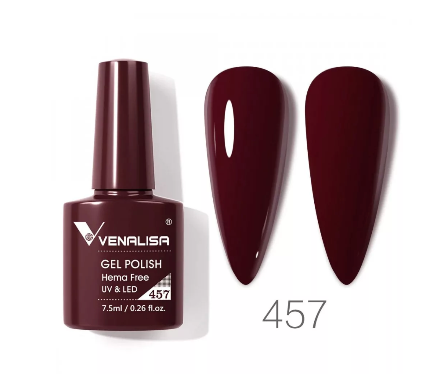 Venalisa gel polish bottle shade 457 with two burgundy nail samples on white background