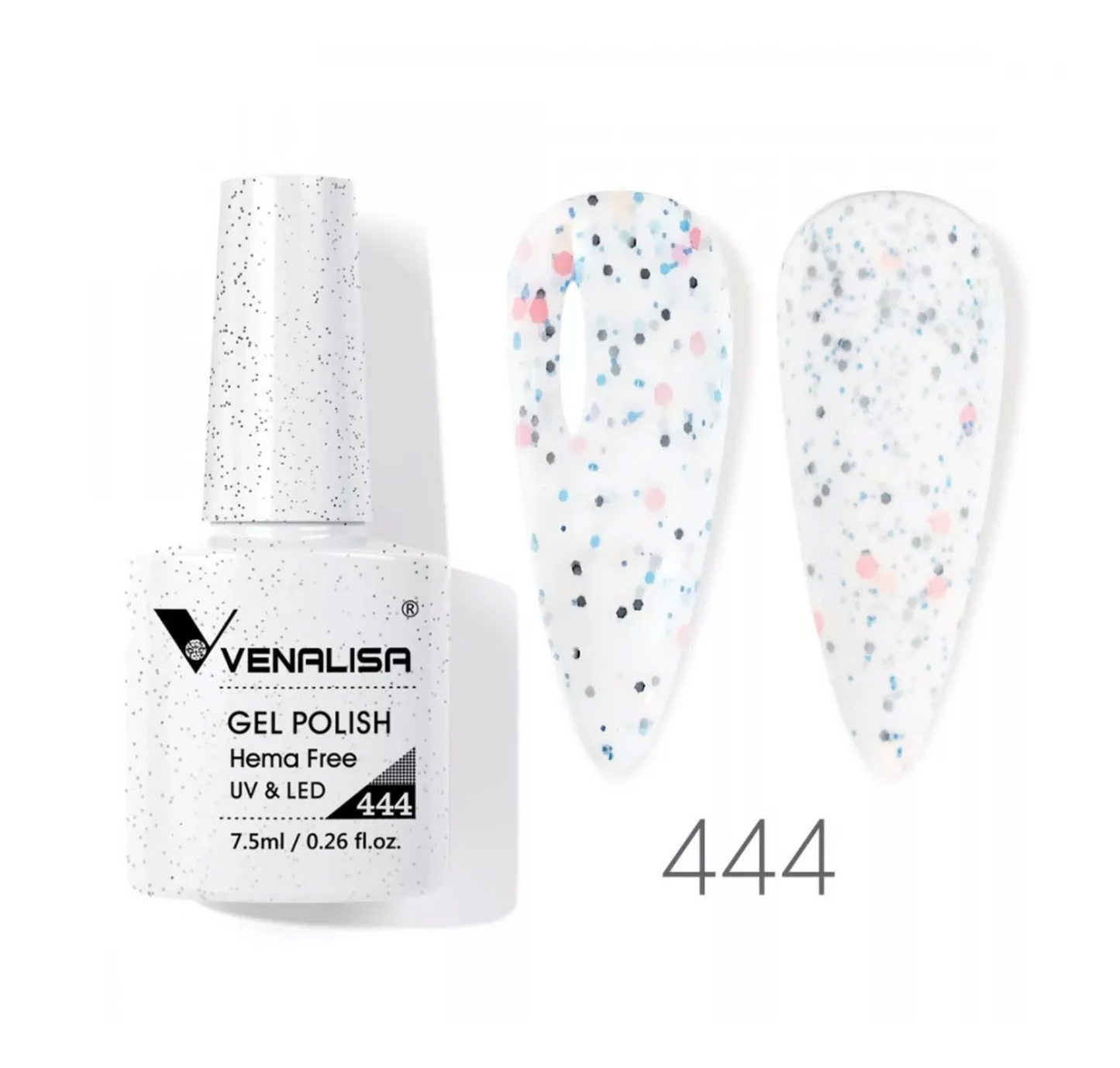 Venalisa gel polish 444 bottle with white base and colorful glitter accents for nails