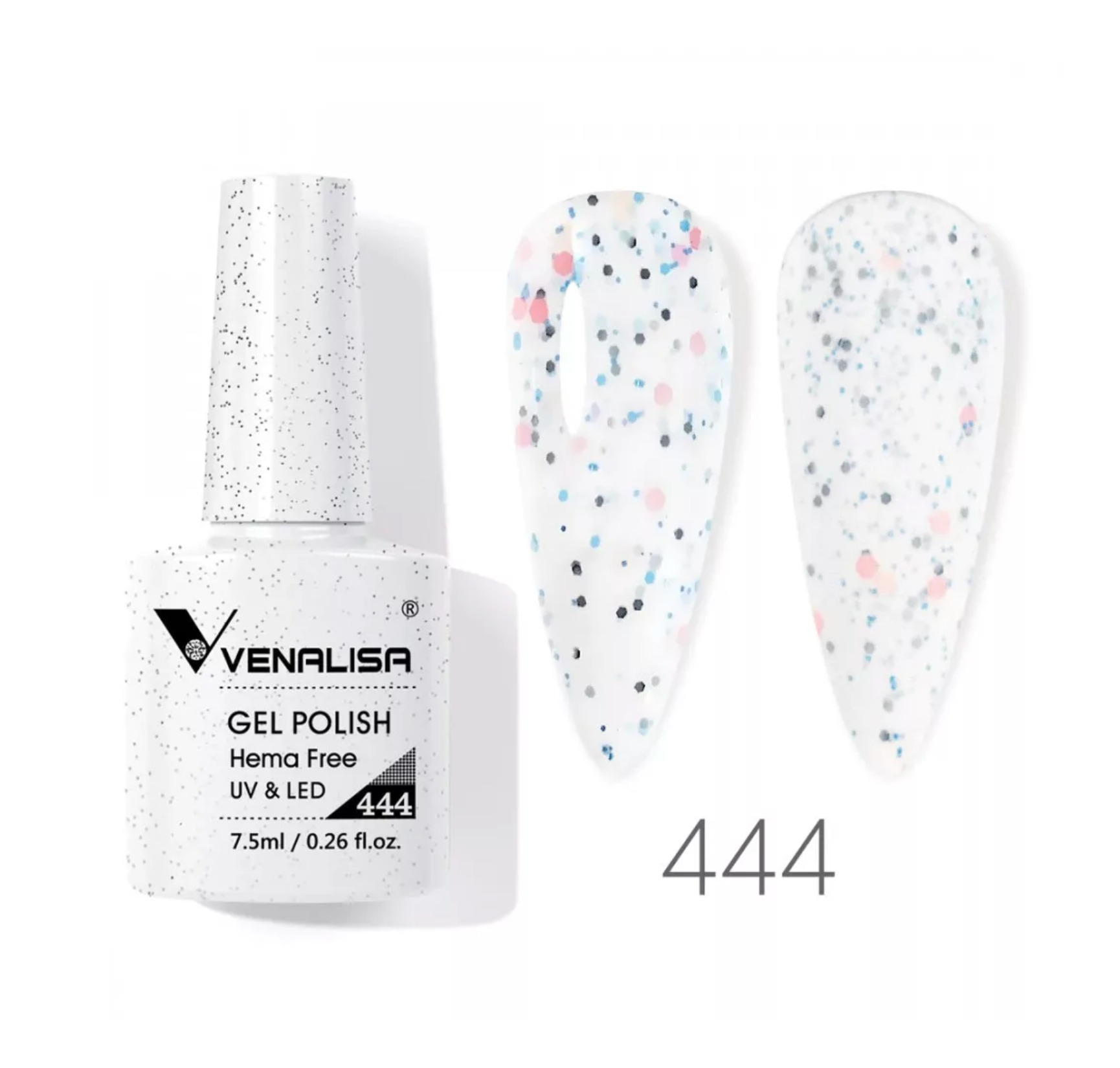 Venalisa gel polish 444 bottle with white base and colorful glitter accents for nails