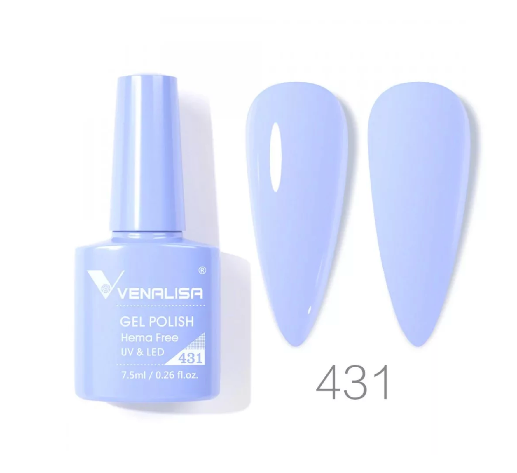Venalisa 431 light purple gel polish bottle with two painted nail samples, import cosmetice