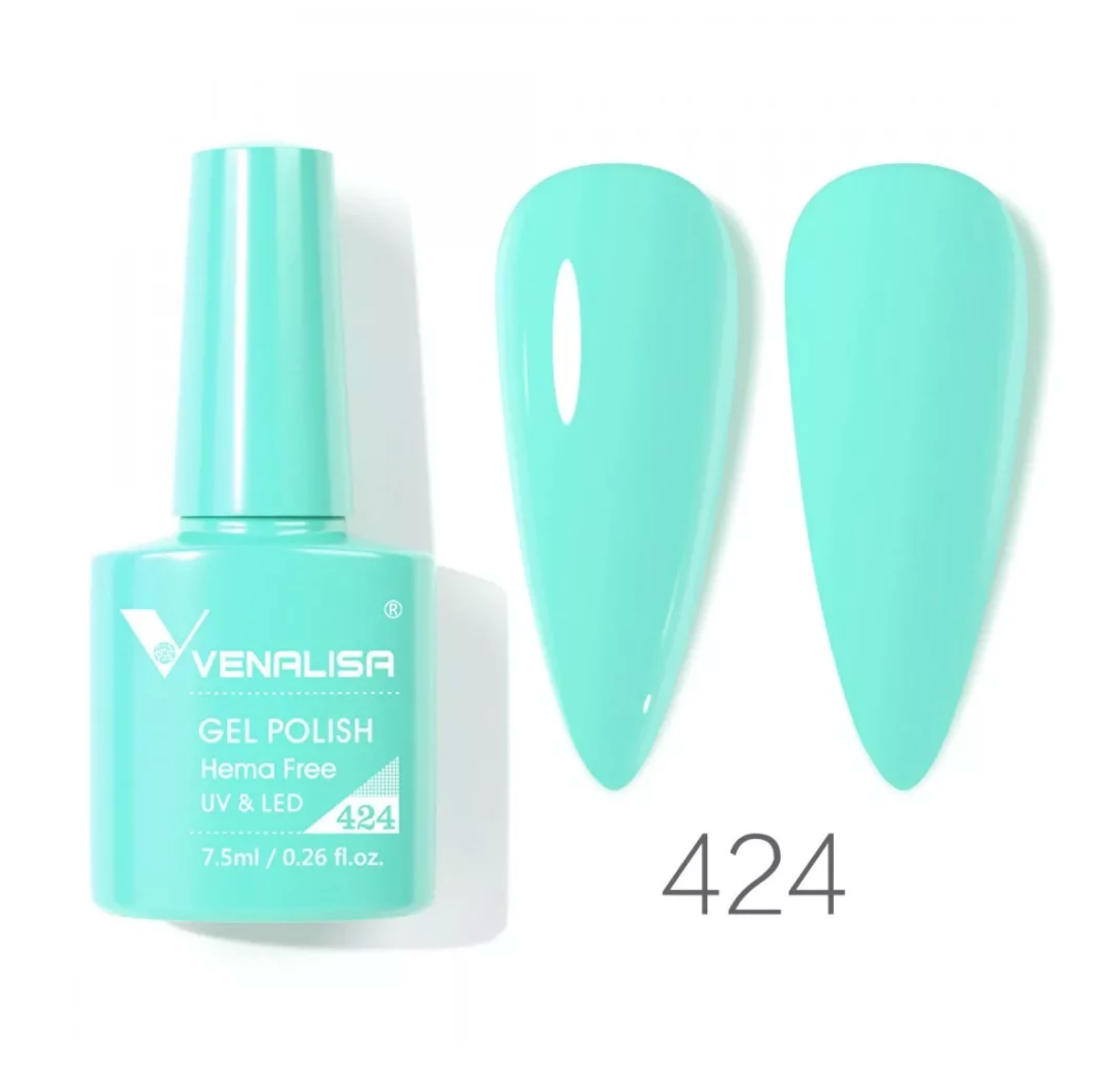 Venalisa turquoise gel polish 424 bottle with color swatches, import cosmetice distributor