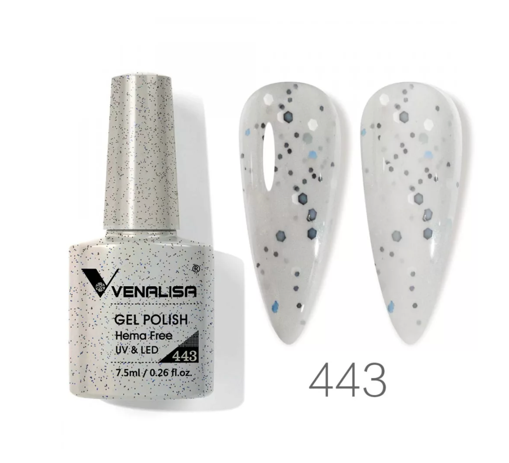 Venalisa Gel Polish 443 bottle and swatches with white base and black-blue glitter, import cosmetice.
