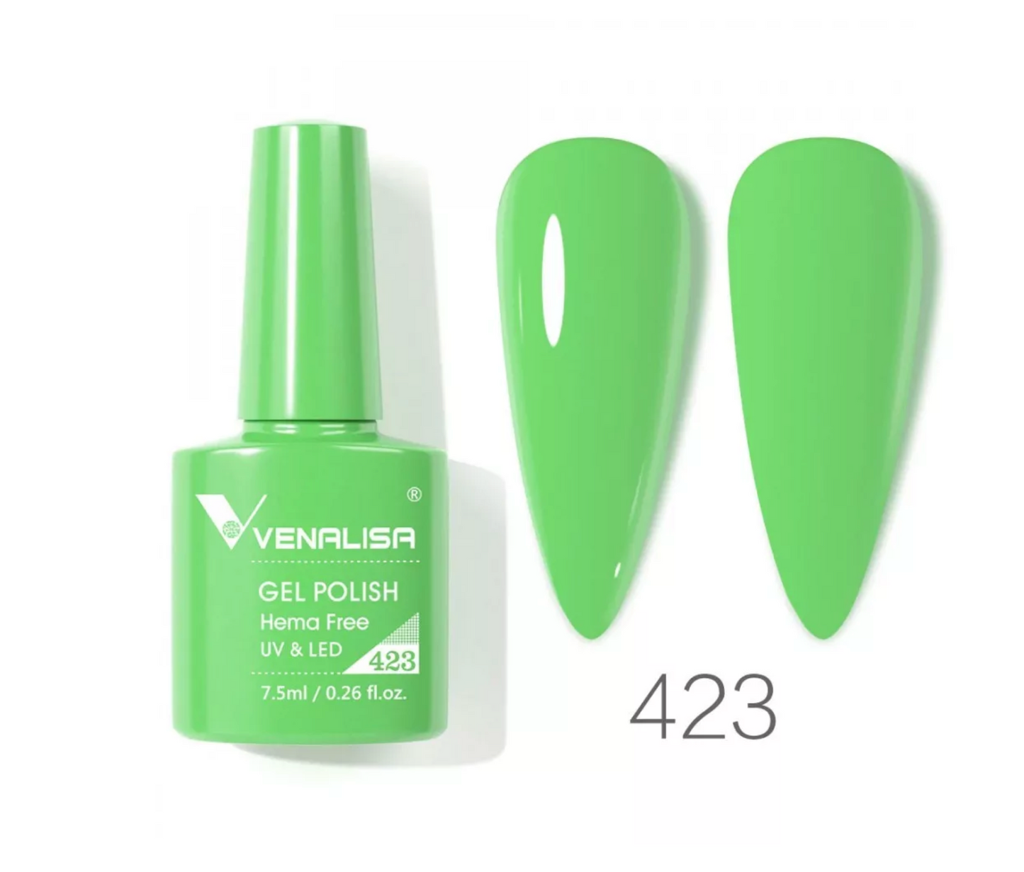 Venalisa gel polish 423, bright green UV LED nail polish bottle with color swatches
