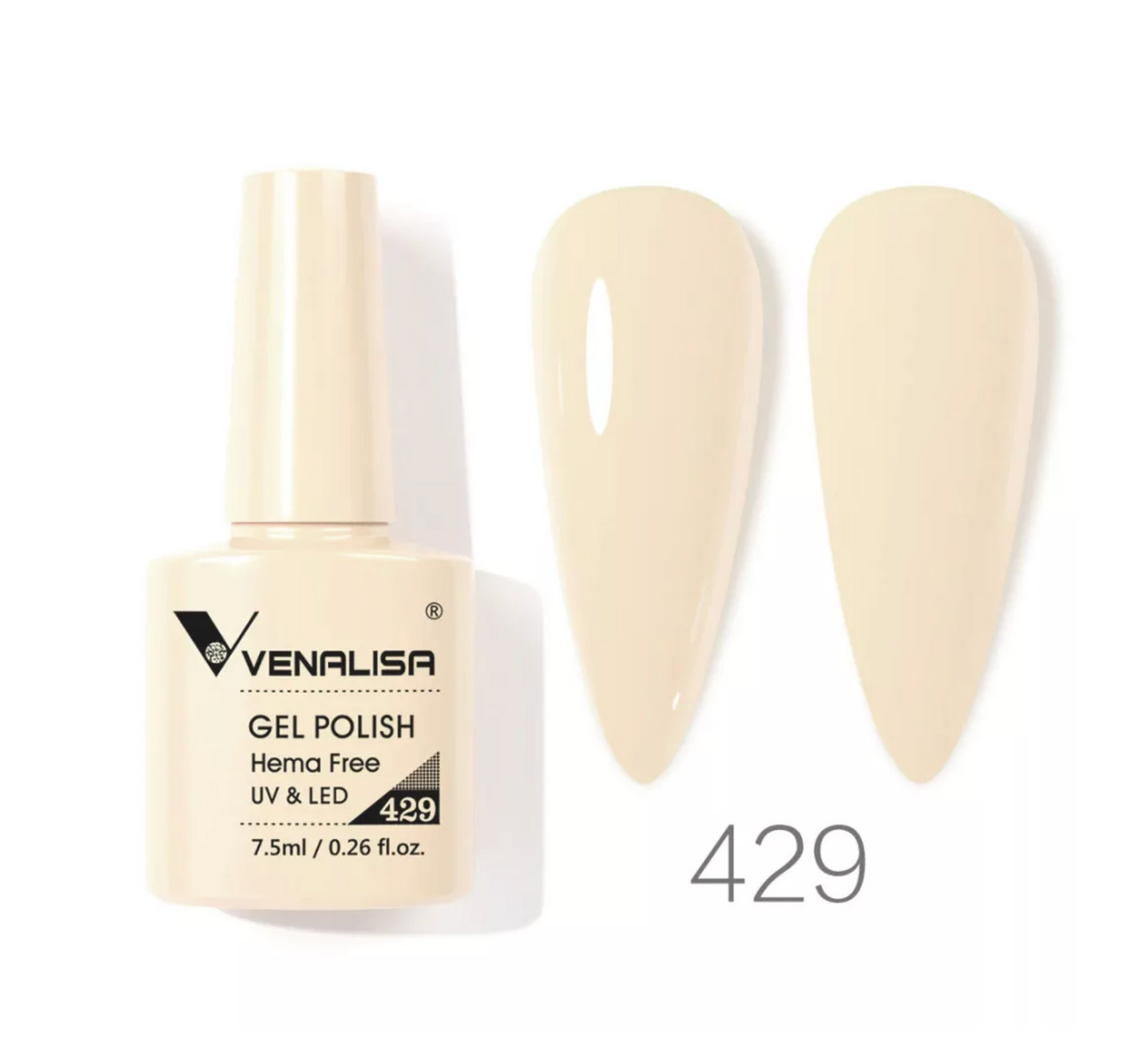 Venalisa gel polish 429, nude beige shade, bottle with color swatches for import cosmetics