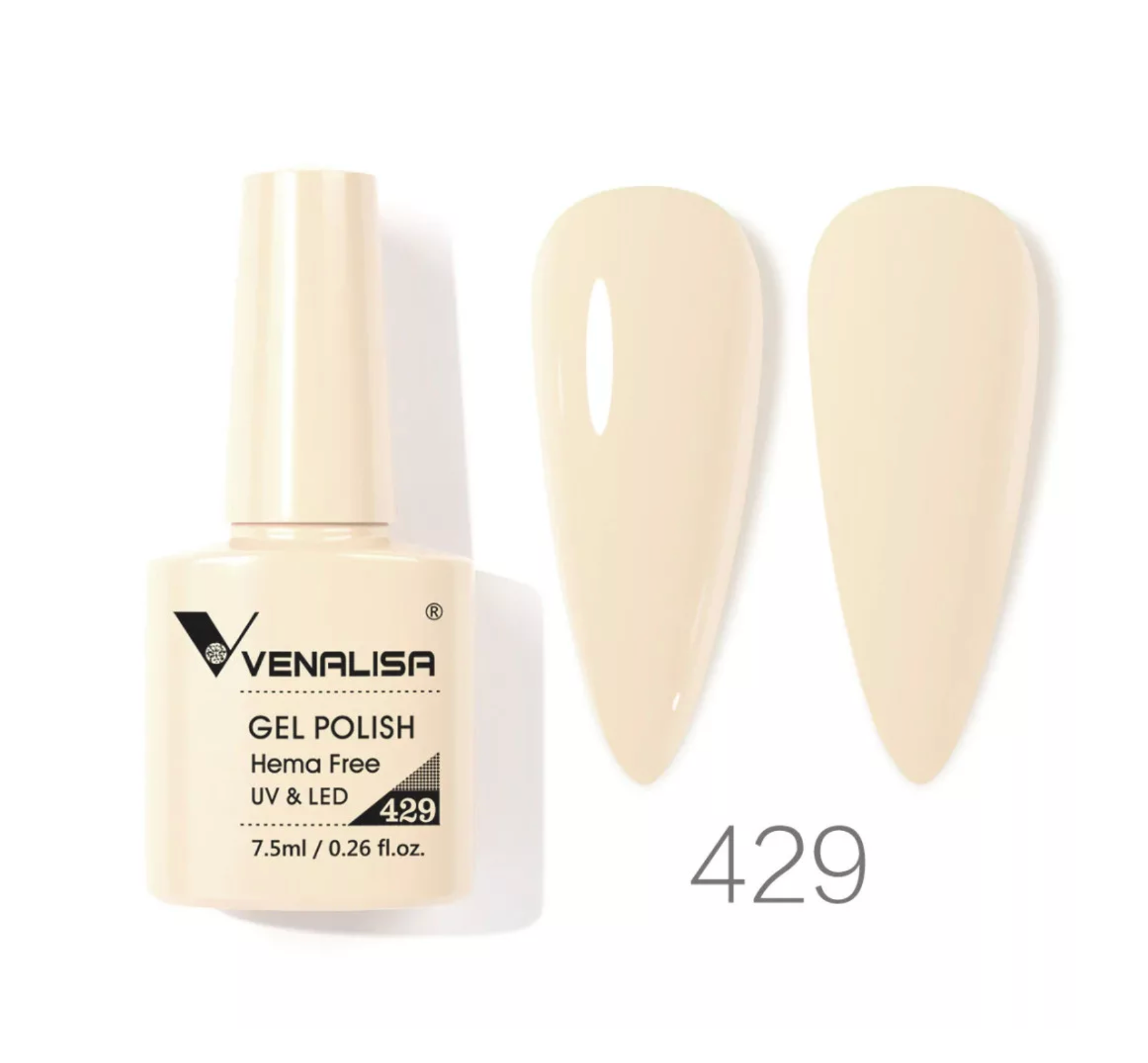 Venalisa gel polish 429, nude beige shade, bottle with color swatches for import cosmetics