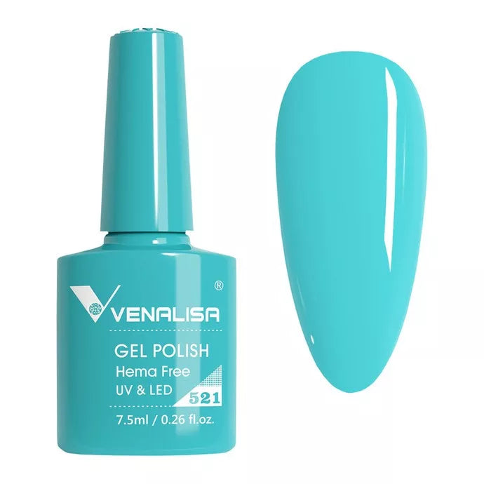 Venalisa turquoise gel polish bottle and color swatch, professional nail cosmetic product