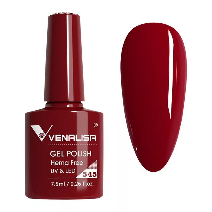 Venalisa gel polish 545, deep red UV LED hema free nail polish bottle and color swatch