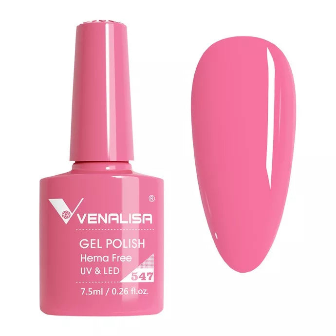 Venalisa pink gel polish bottle and color sample, hema free, UV LED, cosmetic distributor