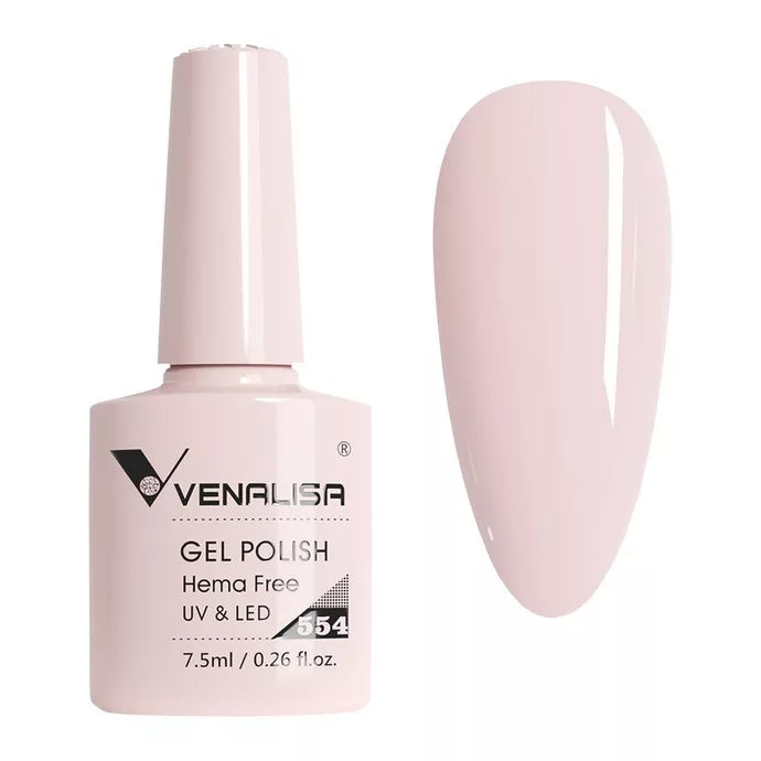 Venalisa pale pink gel nail polish bottle and color swatch, UV LED, Hema free, cosmetic import