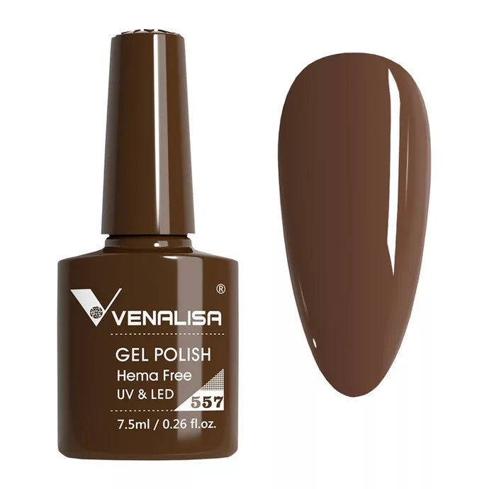 Venalisa brown gel nail polish bottle and swatch, UV LED, shade 557, import cosmetics