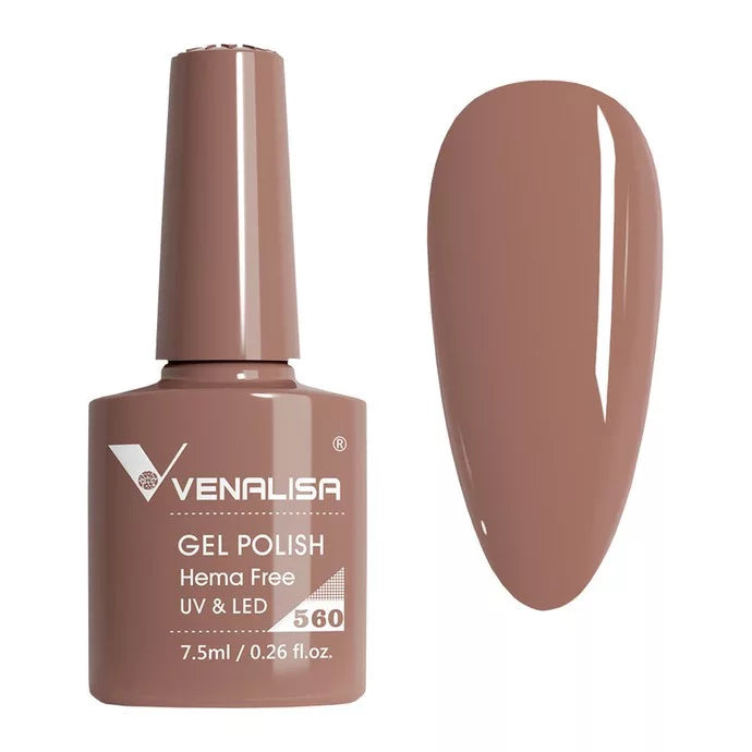 Venalisa gel polish bottle with nude brown color swatch, UV LED, hema free, shade 560