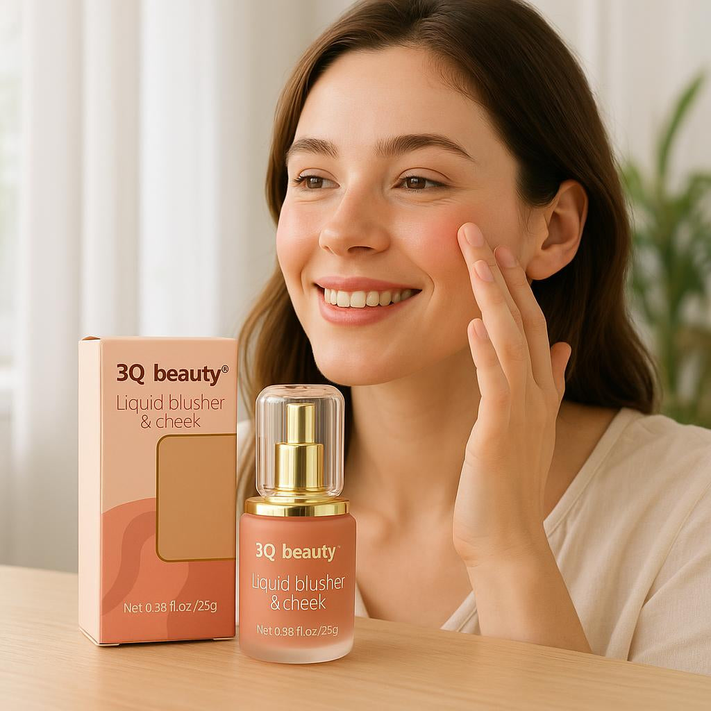 A lifestyle scene featuring a woman applying the liquid blush with her finger in a bright, airy room, showcasing a fresh, luminous complexion and a relaxed, happy expression.