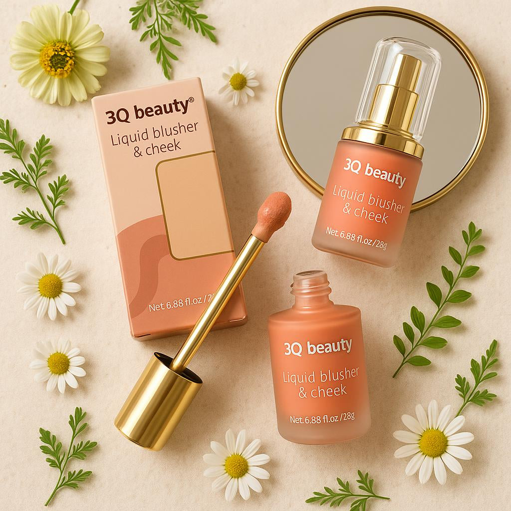 An overhead shot of the product next to a mirror, with the blush brush applicator dipped in the liquid blush, surrounded by natural elements like flowers and greenery to evoke freshness and natural beauty.