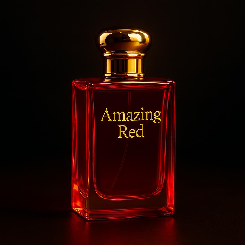 A luxurious perfume bottle design in vibrant red and gold, with an elegant and seductive appearance, set against a dark, sophisticated background to highlight its richness.