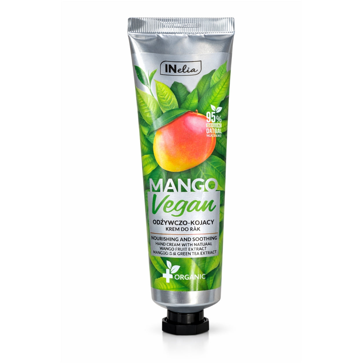 INelia Mango Vegan nourishing hand cream tube with mango and leaves, organic cosmetics